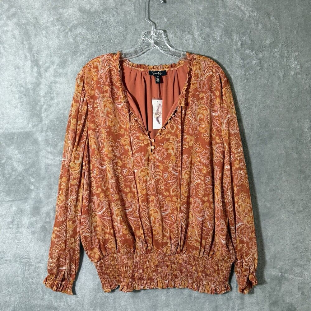 NWT Jessica Simpson Plus 3X Blouse Auburn Orange Folkloric Emery Boho $79.50